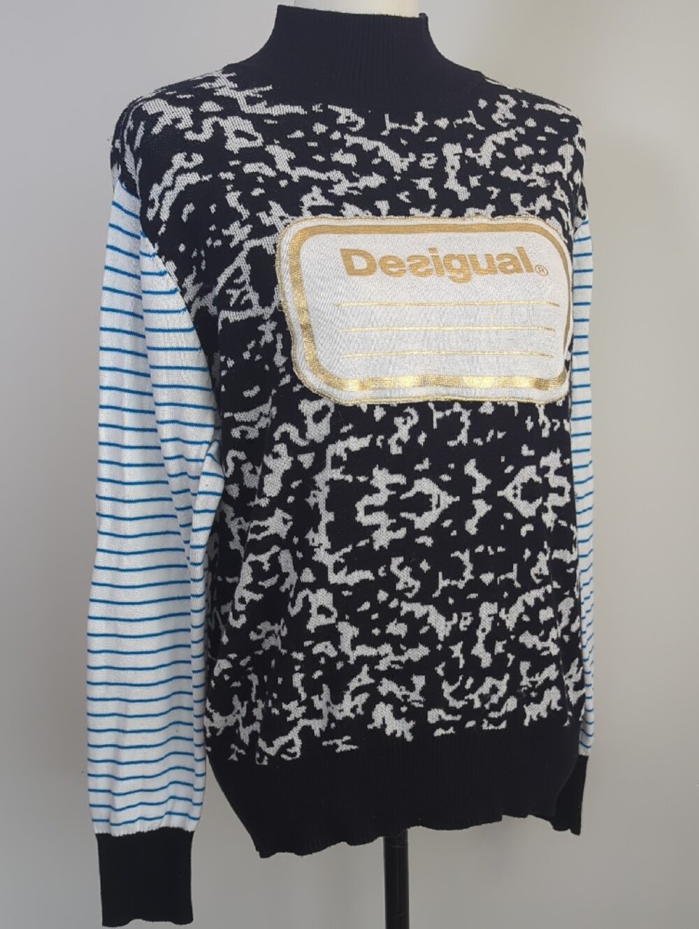 Desigual Composition Notebook Mock Neck Knit Sweater Stripe Accent Pullover LRG - Picture 10 of 13